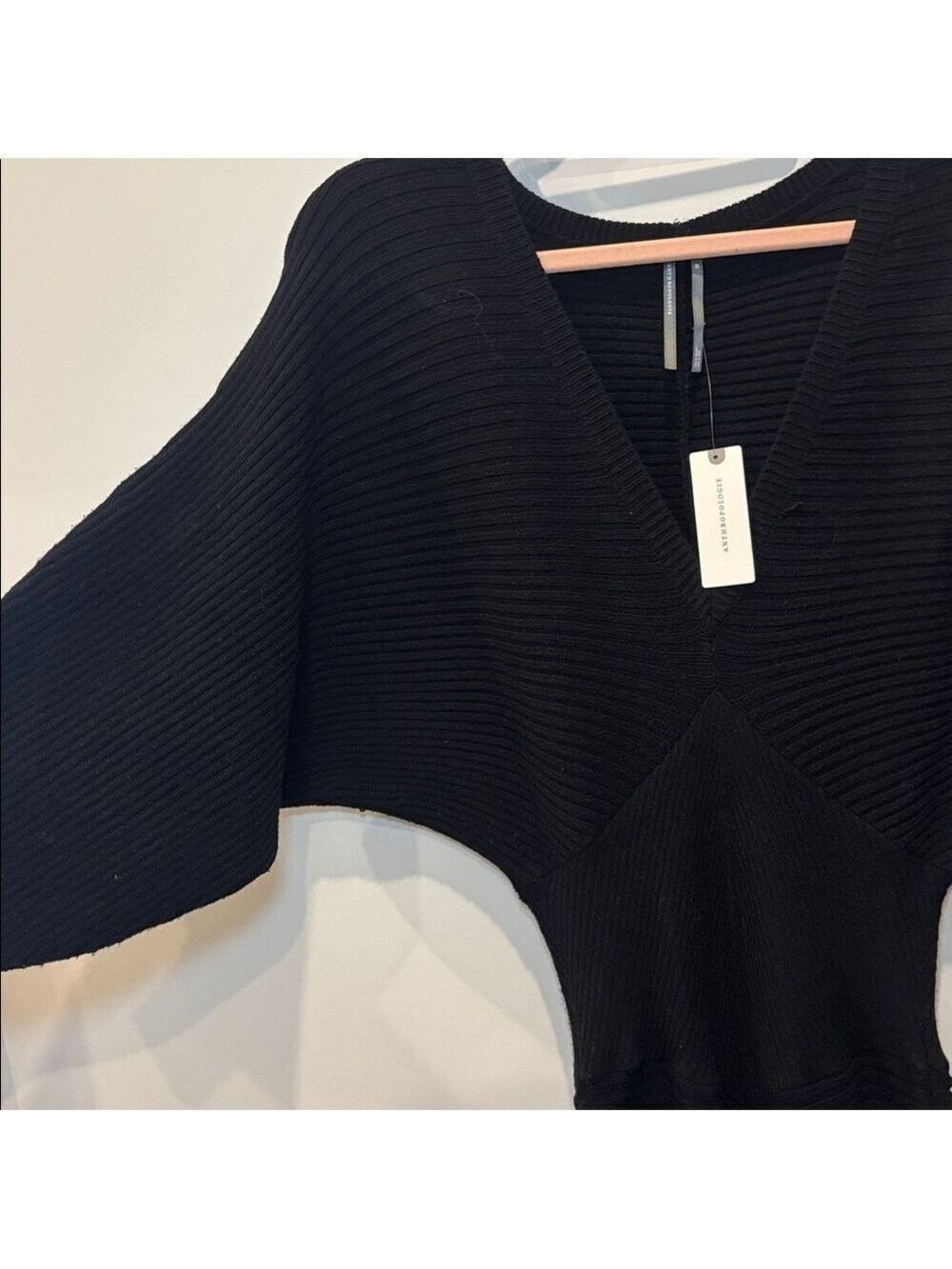 Anthropologie Black Ribbed Knit Sweater Midi Dress Flutter Sleeve Small NWT 0598 - Picture 5 of 10